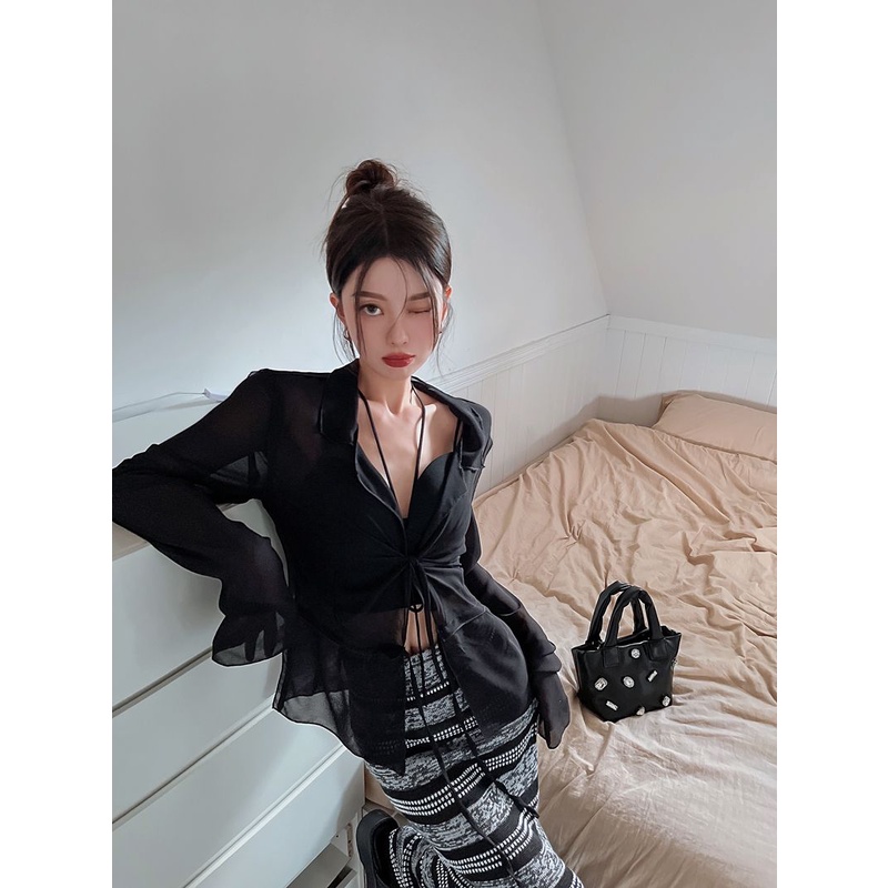 Bộ đồ ba món với áo sơ mi chống nắng + chân váy lưng cao gợi cảm ngọt ngào thời trang mùa hè mới 2022