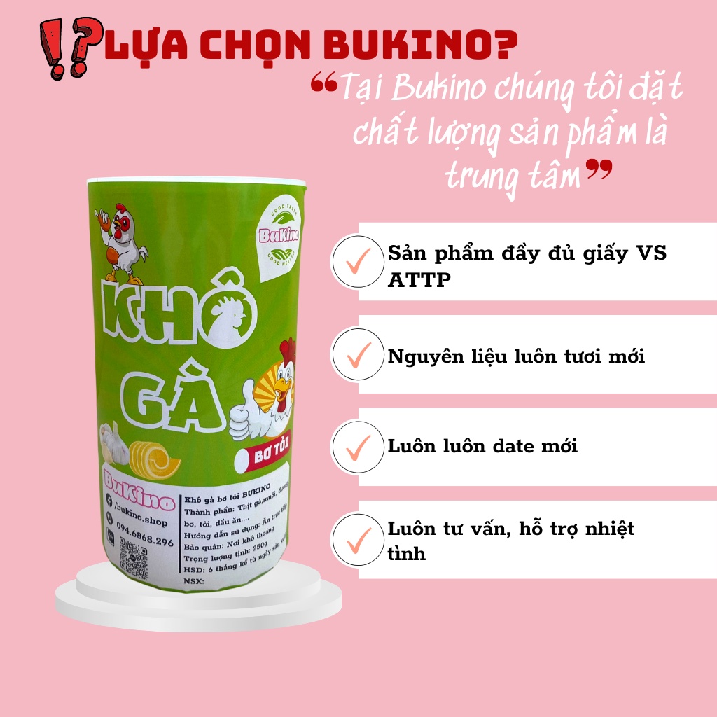 Khô gà bơ tỏi BUKINO, đóng hũ pet 200gr, đồ ăn vặt gà khô ngon rẻ an toàn vệ sinh Hà Nội, ship hỏa tốc