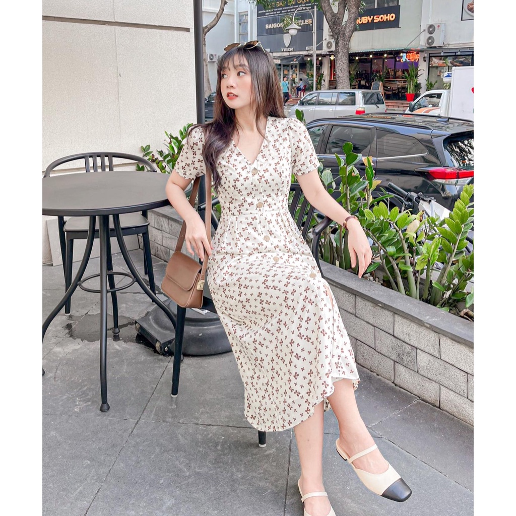 Đầm RAMI - Đầm cổ tim nẹp nút