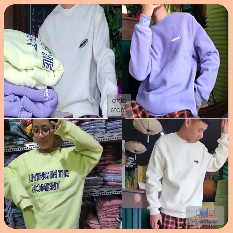 Áo Nỉ Sweater Unisex, Ulzzang Nam, Nữ hottrend 3 màu Trắng, Xanh, Tím -Thêu chữ, Logo hot hit. Có bigsize tới 90kg