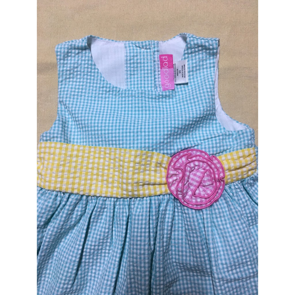 Đầm xoè công chúa bé gái 5-7 tuổi cotton không tay thắt nơ eo sọc caro xanh size 5-6-6X hiệu Goodlad hàng xách tay mỹ