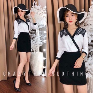 Set bộ công sở áo trắng + chân váy đen