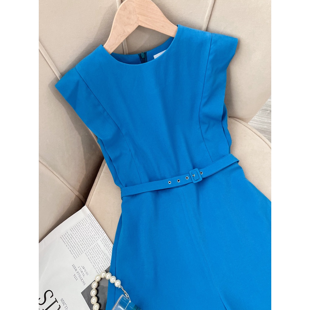 Váy công sở màu xanh chất trượt hàn cao cấp hai lớp YAME J543