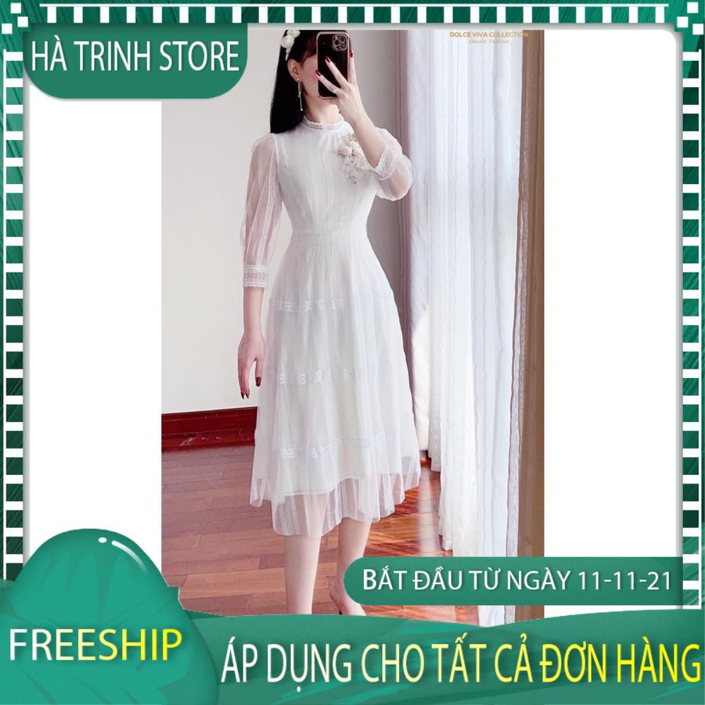 Váy đầm thiết kế cao cấp công sở dự tiệc trắng xòe ngực thêu hoa V2233 - HÀ TRINH STORE