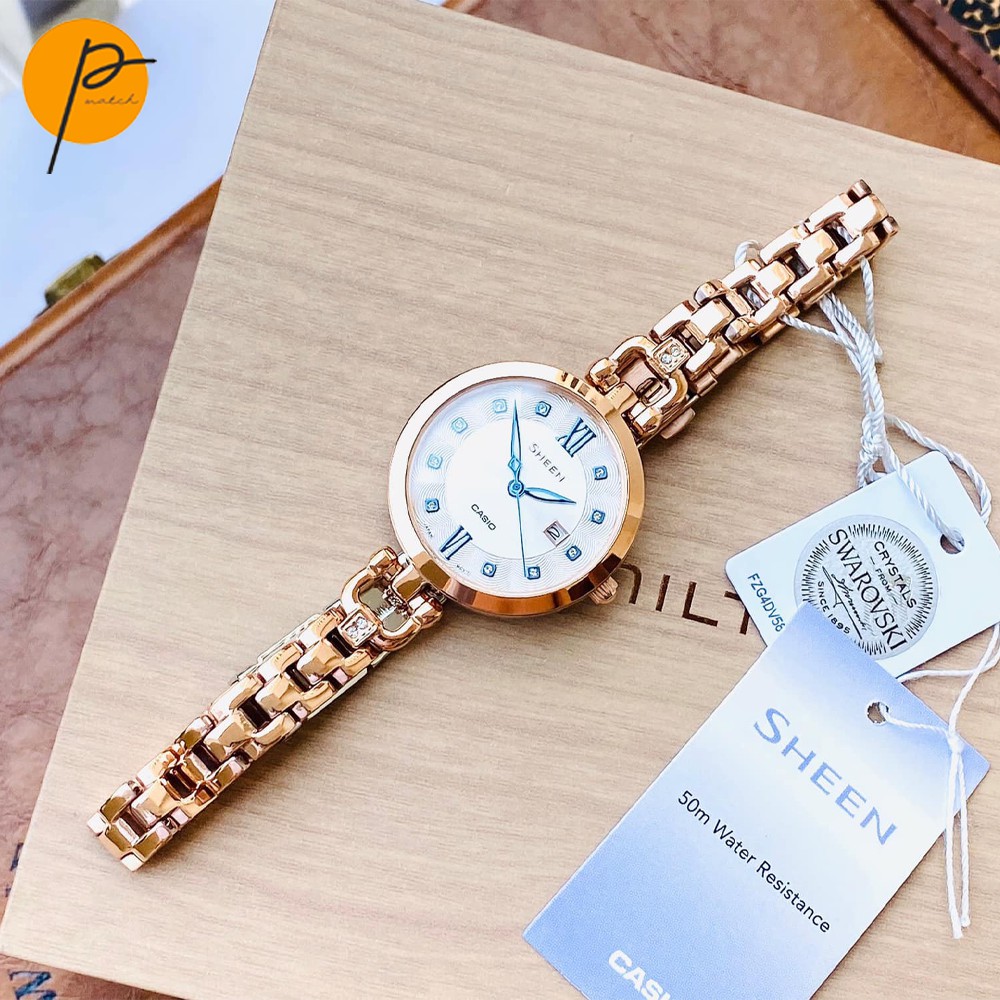 Đồng hồ nữ chính hãng Casio Sheen SHE-4055PG-7A đính đánh Swarovski® sang chảnh, dây đeo cực cá tính