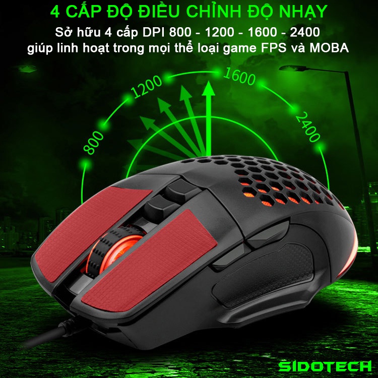 Chuột gaming máy tính có dây SIDOTECH GM202 thiết kế dạng tổ ong công thái học / LED RGB / Chống trượt - Chính hãng