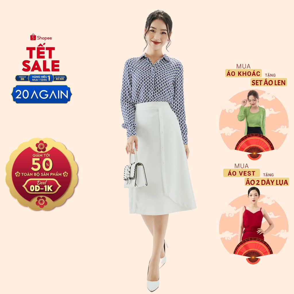 [Mã WABR20AG15 giảm 10% đơn 99K] Áo sơ mi nữ dài tay cổ đức 20AGAIN họa tiết độc đáo, cúc giấu tinh tế ASA0862