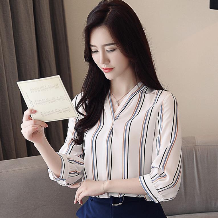 Áo sơ mi tay lỡ chất Chiffon hoạ tiết kẻ sọc thời trang công sở New *