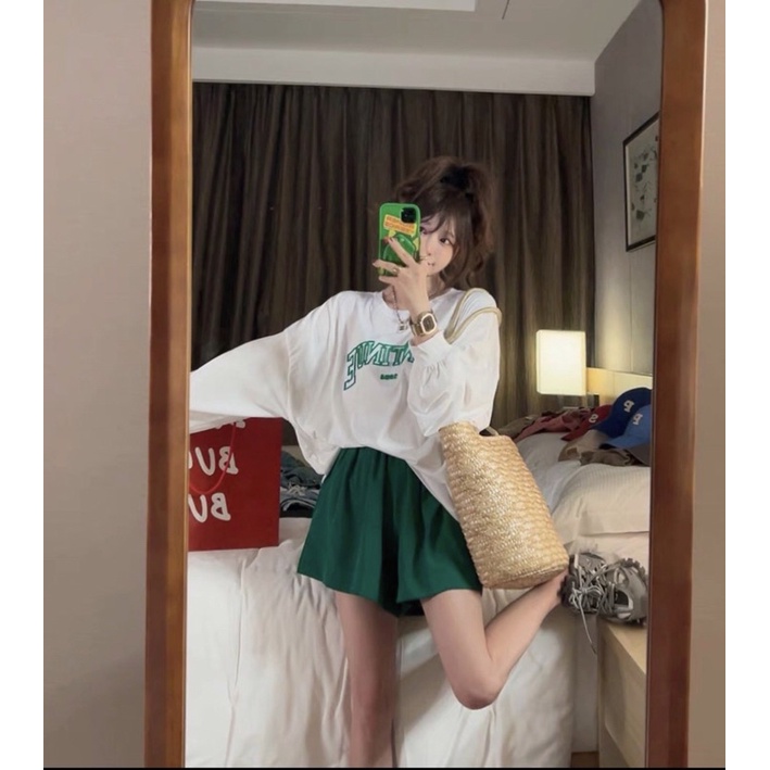 Set Đồ Áo Thun Dài Tay ContinueBộ quần short đùi áo form rộng Unisex mặc ở nhà UlzzangPhong cách thể thao chất Chân cua