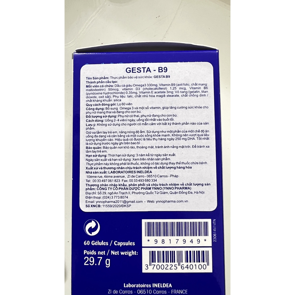 Viên Uống Bổ Sung DHA Omega Gesta B9 Cho Phụ Nữ Có Thai Cho Con Bú.Lọ 60 Viên suckhoechomoinha