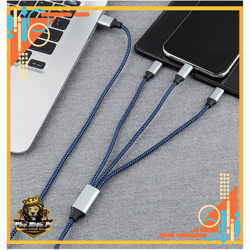 Cáp sạc nhanh/Cáp truyễn dữ liệu chia 3 đầu cắm Micro USB Type-C Lightning tiện dụng dài 1.2m