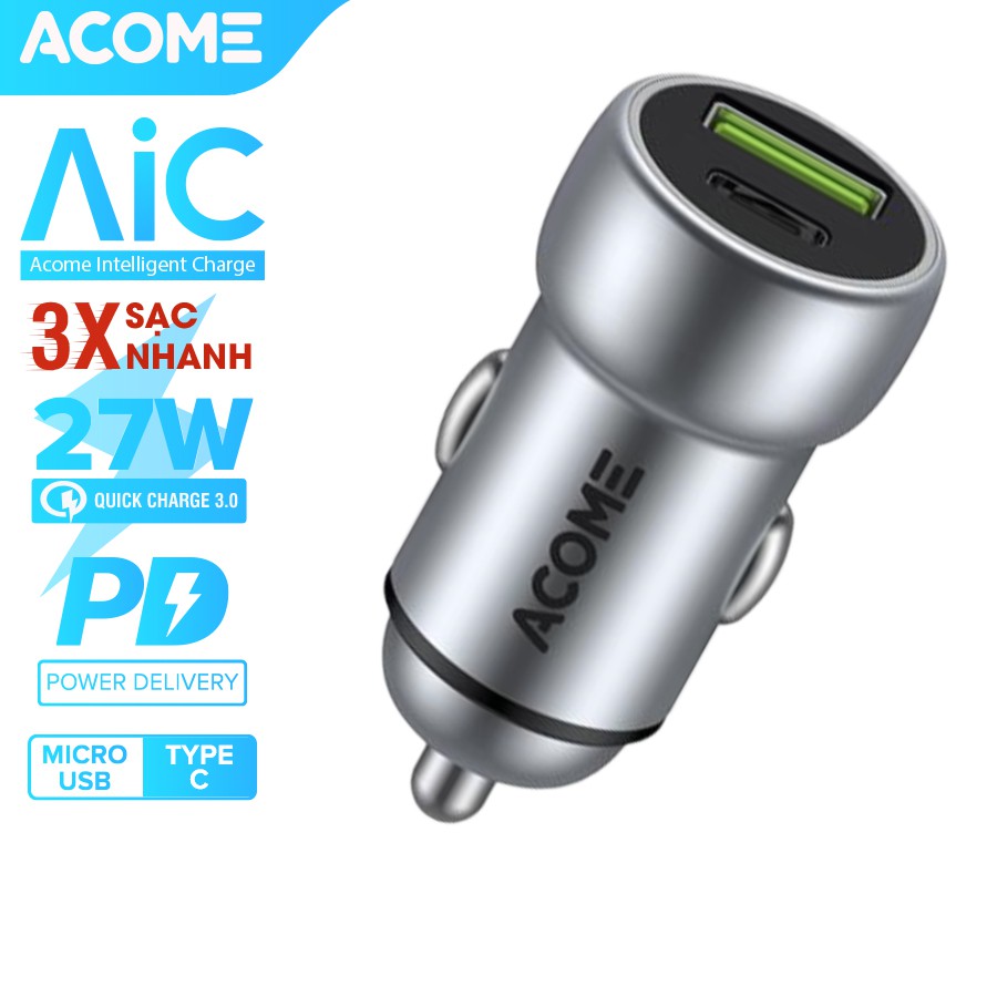 Cốc sạc Ôtô ACOME ACC02 2 Cổng Sạc USB &amp; PD QC 3.0 27W - BẢO HÀNH 1 ĐỔI 1 CHÍNH HÃNG