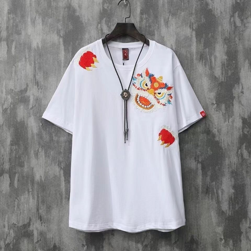 Áo nam oversized Tay Ngắn Thêu Hình Sư Tử Cá Chép Phong Cách Trung Hoa