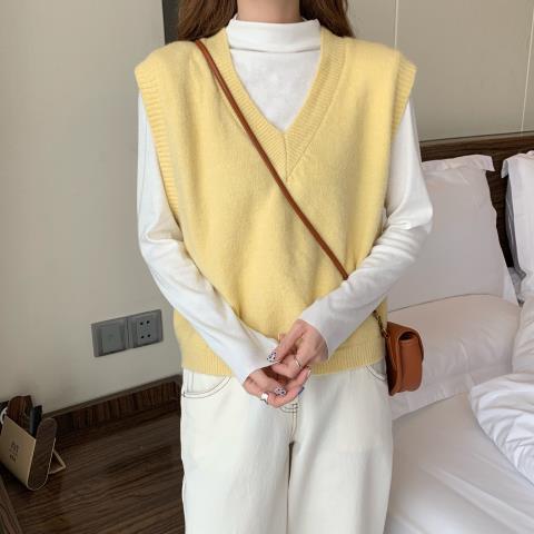 Áo sweater dáng ghi lê xẻ cổ chữ V màu trơn ôm dáng thời trang cho phái nữ