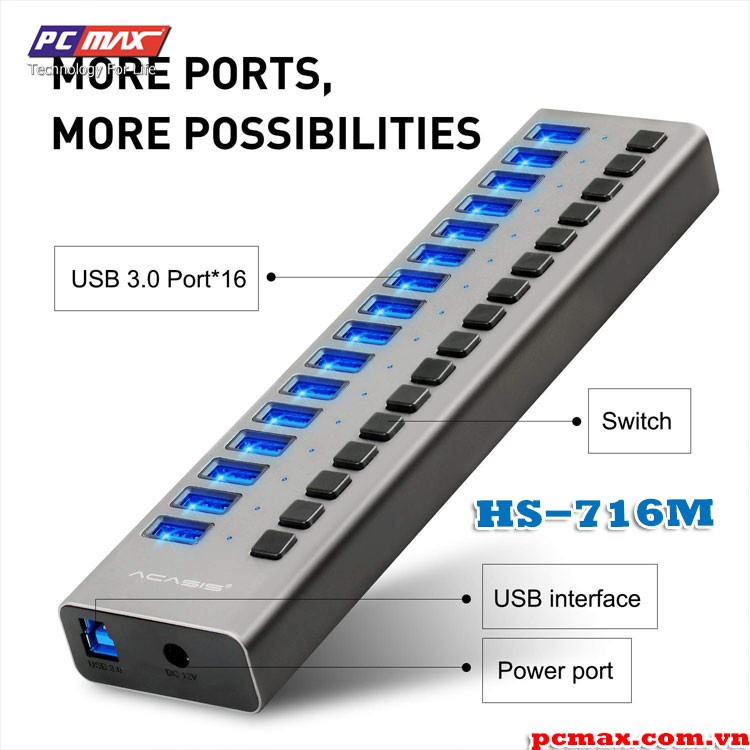 Bộ chia USB 3.0  16 port 90W  hub - 10 cổng  ACASIS HS-716M - Hàng chính hãng