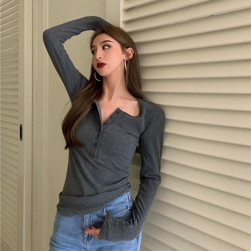 Áo kiểu SUXI dài tay cổ chữ V màu sắc đơn giản thời trang mùa thu cho nữ