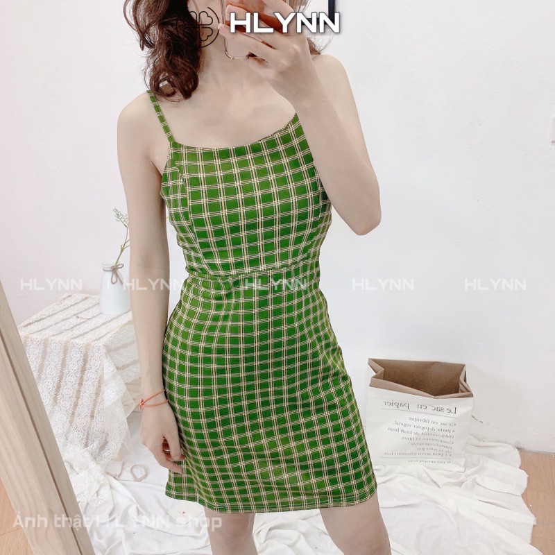 Đầm kẻ caro xanh hai dây