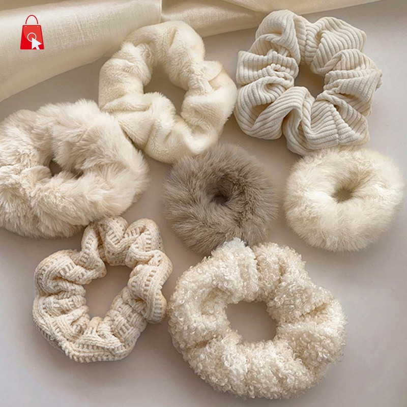 Set 7 Dây Buộc Tóc Đuôi Ngựa Bằng Vải Lông Trắng Mềm Mại Cỡ Lớn Thời Trang Mùa Đông Cho Nữ JP1