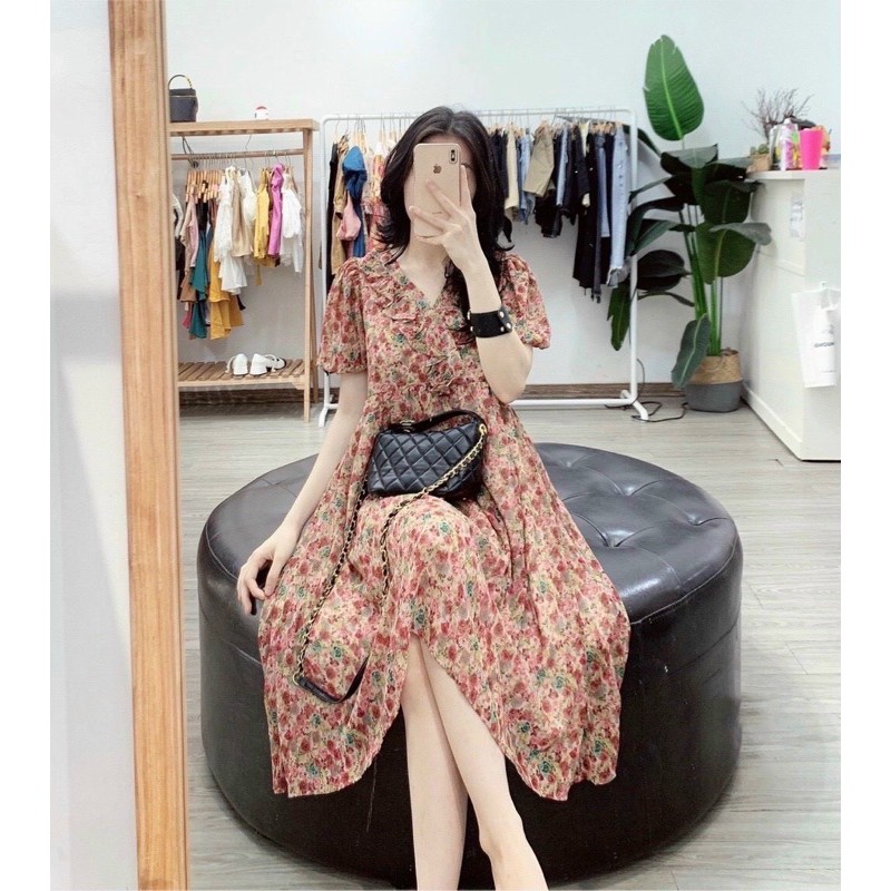 váy hoa nhí cổ v bèo xếp ly tay bo xinh