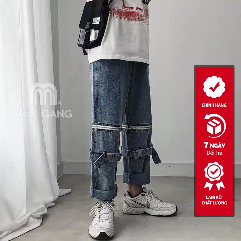 Quần jean xanh ống rộng khóa gối, quần baggy xanh rách gối magang hottrend 2022