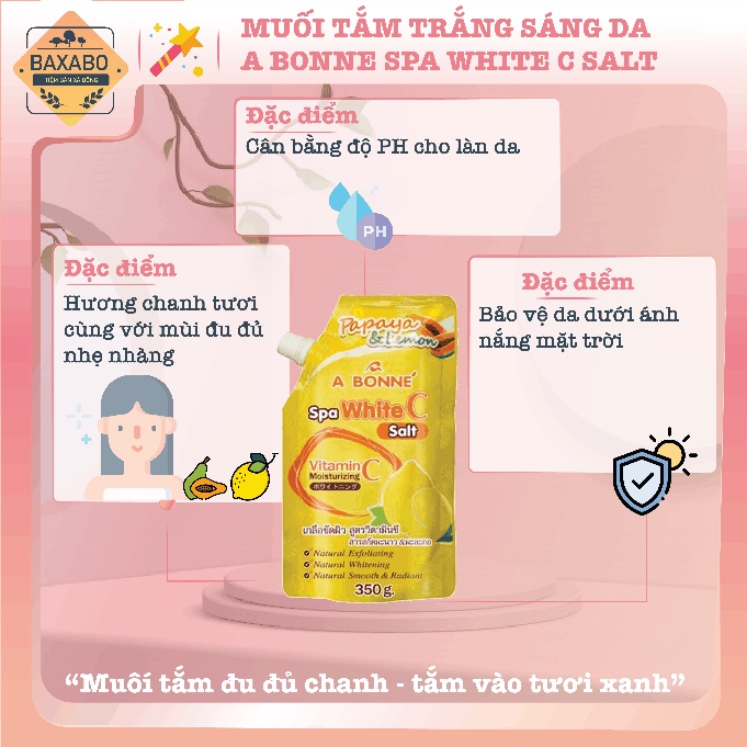 MUỐI TẮM VITAMIN C A BONNE GIÚP TRẮNG SÁNG DA - VỊ ĐU ĐỦ & CHANH - A BONNE SPA WHITE C SALT - CHÍNH HÃNG THÁI LAN - 350G