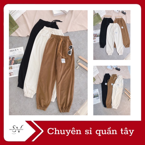 QUẦN BAGGY NHUNG PHỐI MẠC LƯNG THUN BO GẤU 3 MÀU: TRẮNG, ĐEN, NÂU