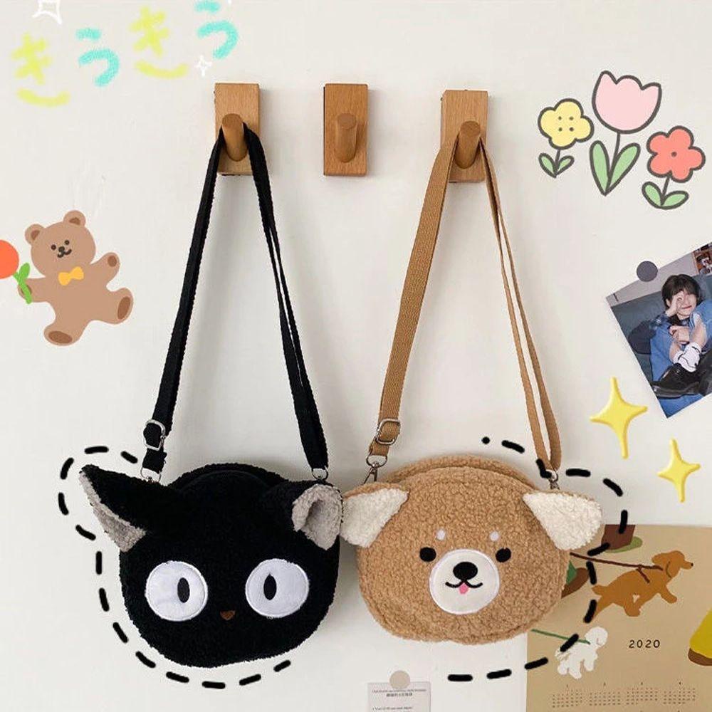 Túi Đeo Chéo Mini Họa Tiết Động Vật Hoạt Hình Phối Lông Có Khóa Kéo Phong Cách Nhật Bản