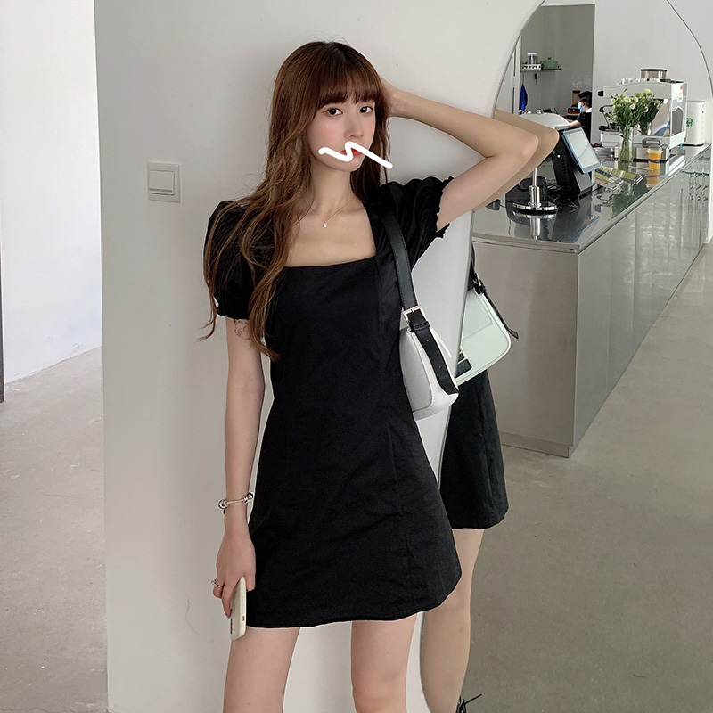 SUXI Đầm Nữ Tay Ngắn Cổ Vuông Phong Cách Retro