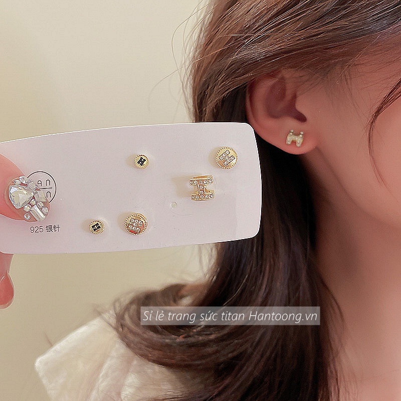 Set 3 đôi khuyên tai hình chữ H đính đá zircon thời trang thanh lịch