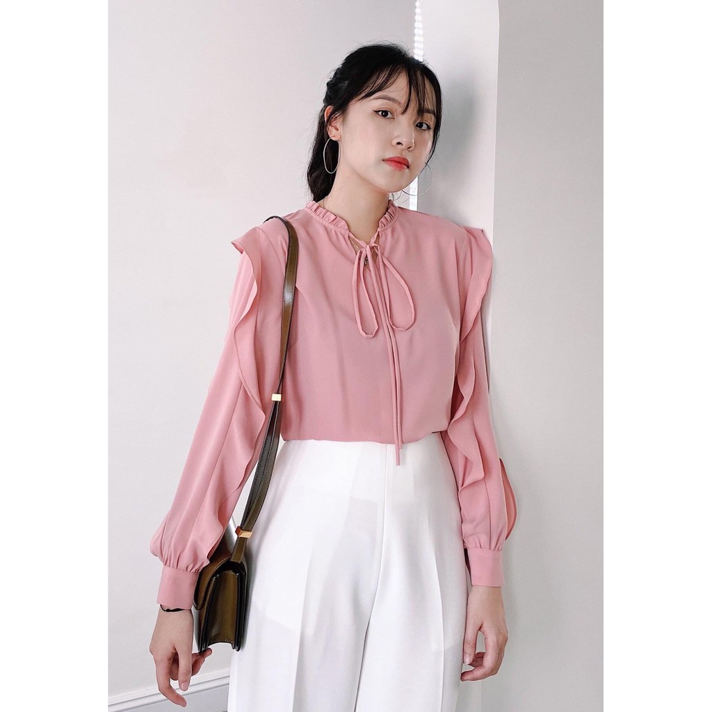 Sơ mi thiết kế- Sowmi nhún bèo đính cúc ngọc | BigBuy360 - bigbuy360.vn