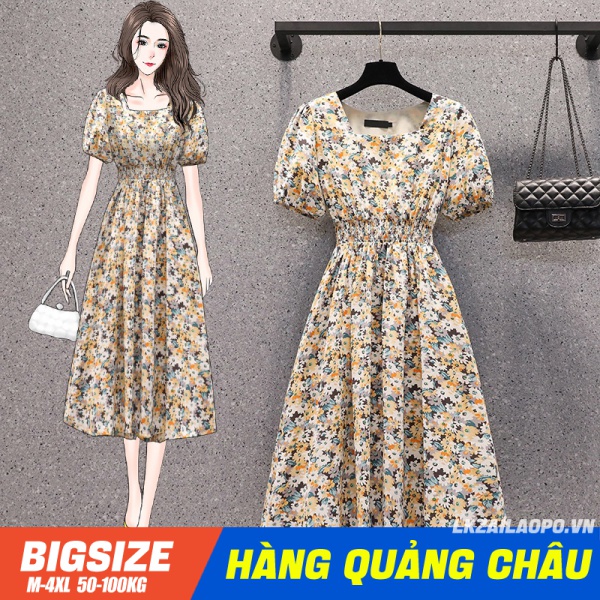 Đầm hoa nhí dáng dài ⚡️𝐁𝐈𝐆𝐒𝐈𝐙𝐄⚡️ Váy nữ tay ngắn cổ vuông che bụng mỡ ôm eo mùa hè Phong cách Hàn Quốc Thời Trang sang chảnh cá tính xinh đẹp quảng châu cao cấp