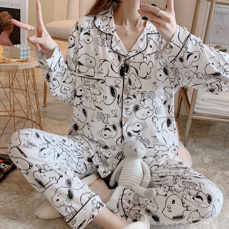 Bộ Ngủ Pijama Nữ Dáng Dài Mặc Nhà Chó, Cún Trắng Thu Đông Kate Form Rông