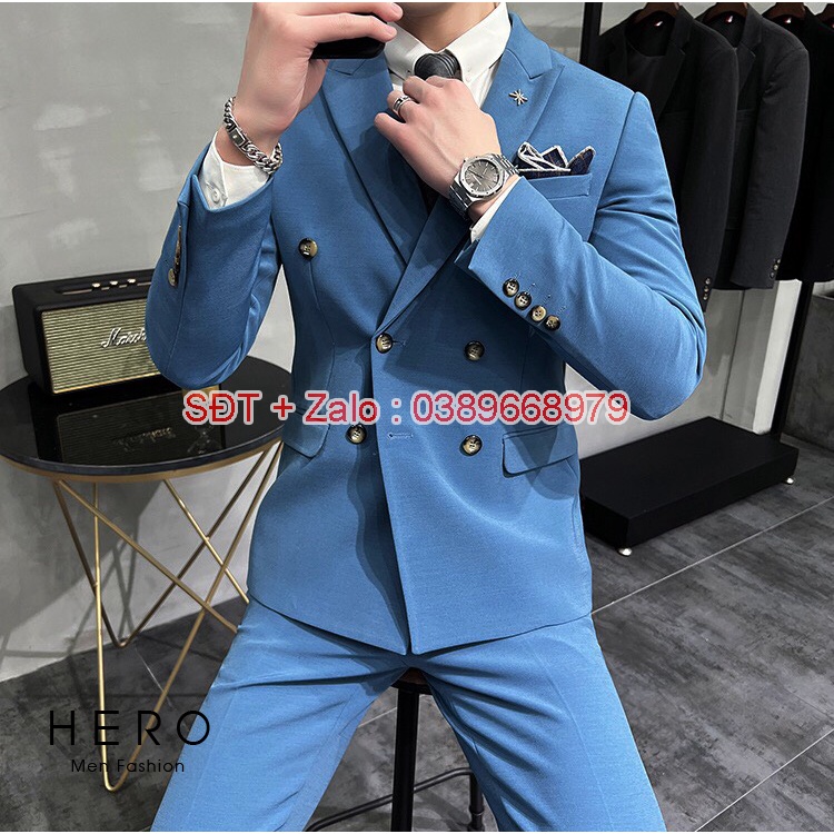 Bộ Vest Nam Hàn Quốc 6 Cúc Chất Vải Sịn, Quần tăng chỉnh size Màu Xanh Ngọc