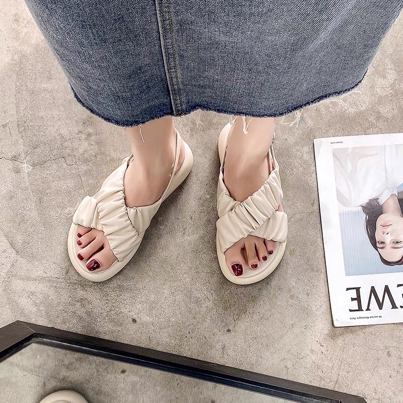 Sandal Uzzang Quai Chéo Nhún Bánh Bèo , Đế Mềm , Dẻo , Êm Chân