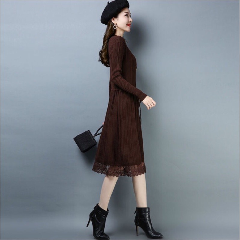 Đầm len nữ dáng dài phối ren sang chảnh hàng quảng châu da06