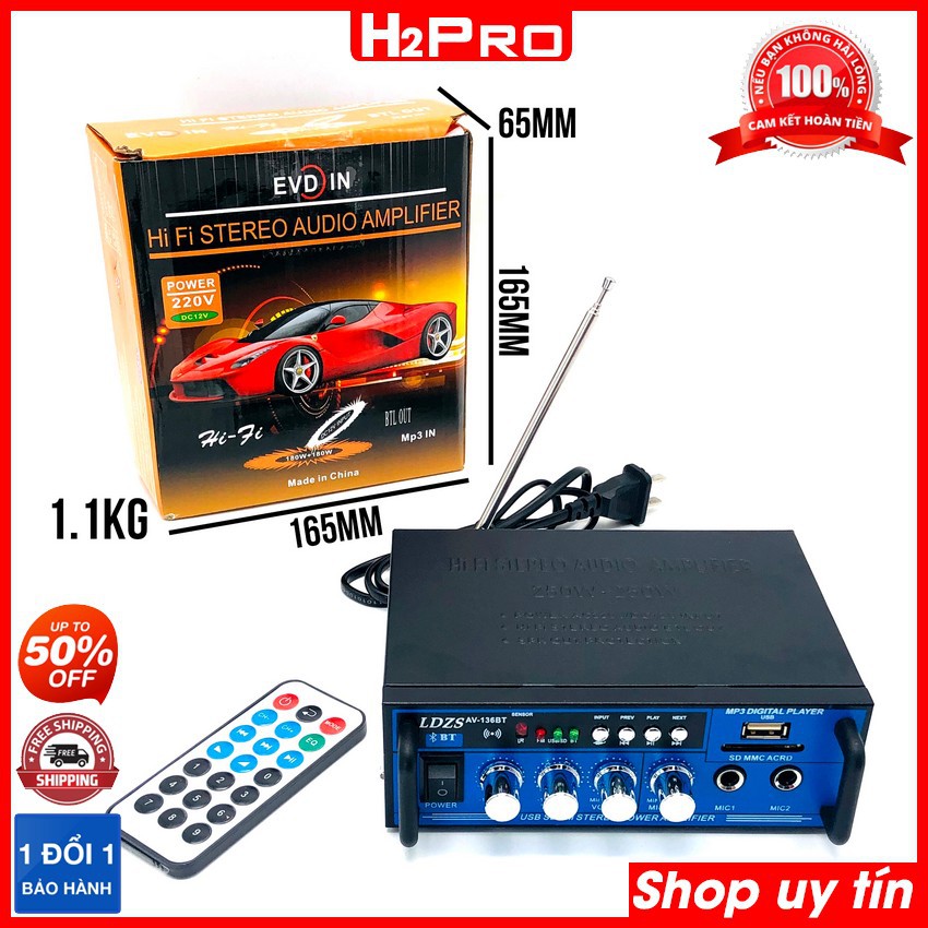 Ampli mini bluetooth AV-136BT H2PRO 500W USB-Thẻ nhớ-12V-220V, amply mini KARAOKE giá rẻ (tặng bộ quà 50K)