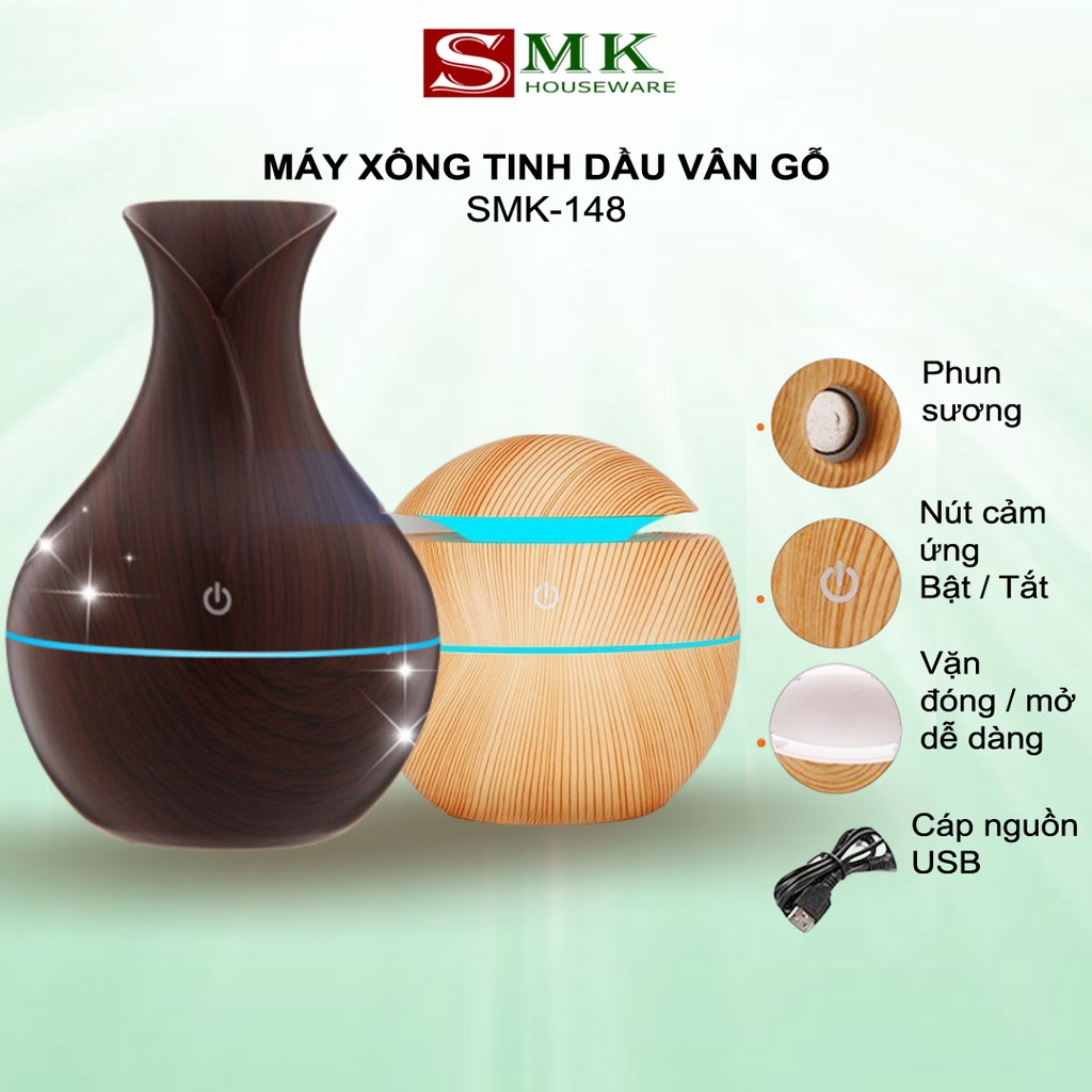 Máy Xông Khuếch Tán Tinh Dầu Phun Sương Phòng Ngủ AROMA Đèn LED Khử Khuẩn Kiểu Dáng Vân Gỗ SMK