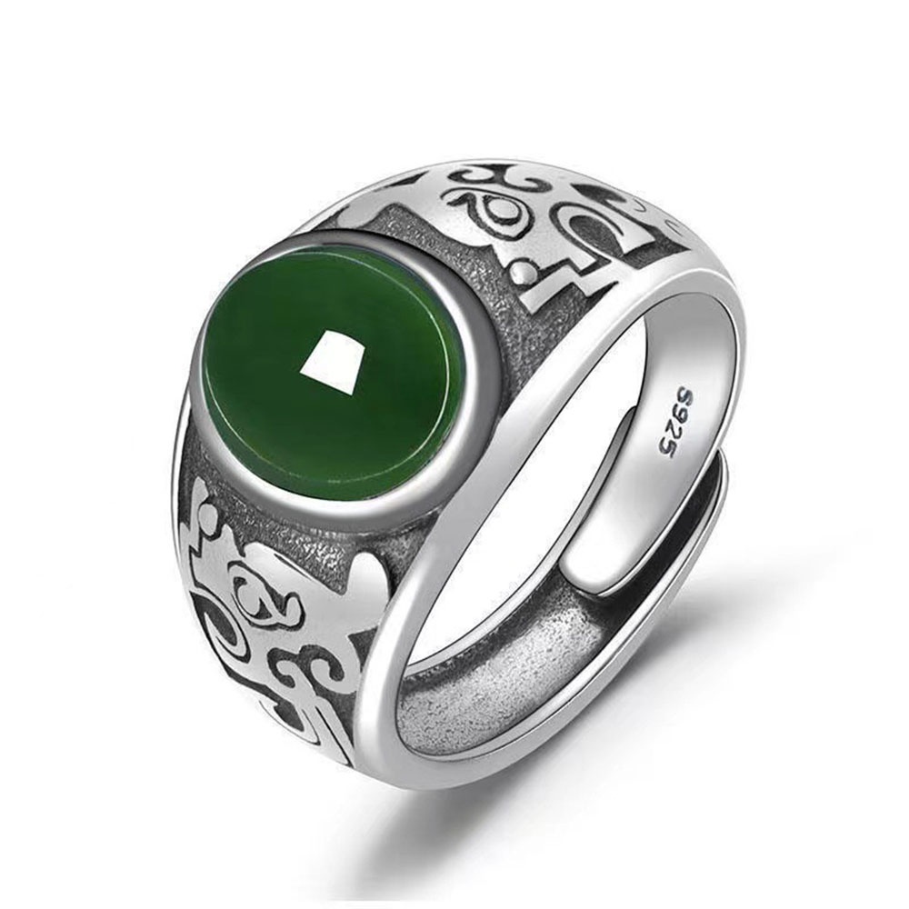 Nhẫn Bạc Đính Ngọc Lục Bảo Nhân Tạo Có Thể Điều Chỉnh Phong Cách Vintage Dành Cho Nam Và Nữ