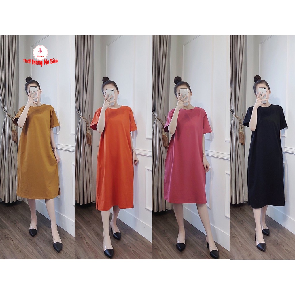 Váy Bầu Suông Cỗ Tròn 45kg - 80kg (4 màu yêu thích ) Hình thật + Chất thun cotton co giãn ,thoải mái khi mặc