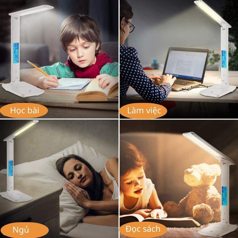 Đèn học để bàn chống cận tích điện LED 3 chế độ, màn hình LCD, cổng USB, gấp gọn tiện lợi - Bảo hành 2 năm