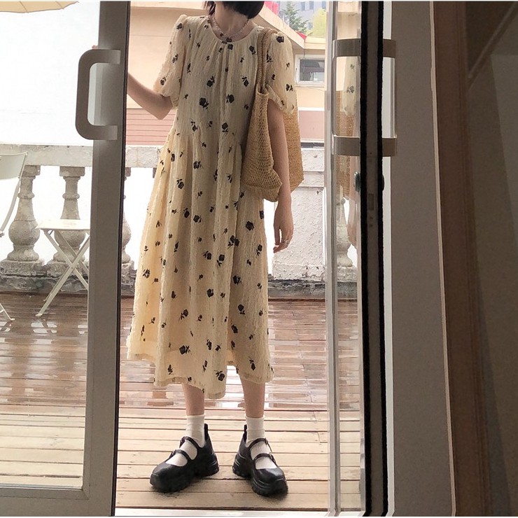 Xiaozhainv Đầm Maxi Tay Phồng In Hoa Phong Cách Hàn Quốc Thời Trang Nữ