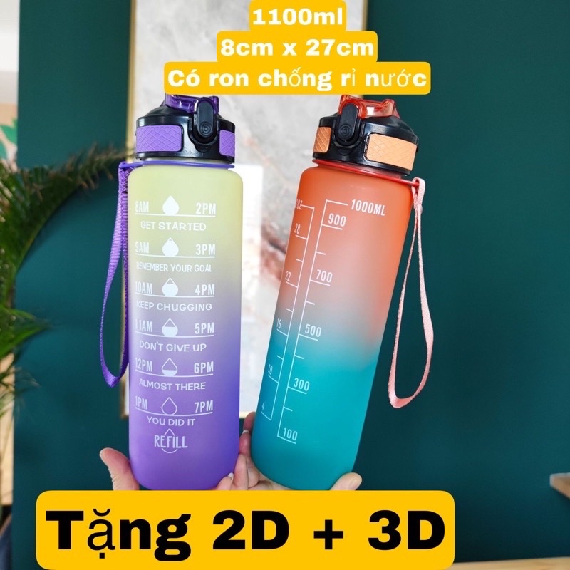 Bình nước 1 lít [ kèm Sticker] có vạch chia nhắc giờ dành cho người lười uống nước, bình đựng nước thể thao 1L