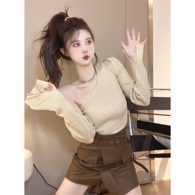 Set áo len nữ gồm choàng ngắn mix áo lệch vai hàng QC mẫu mới 2022