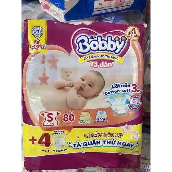 [TẶNG KÈM 2M] Combo 2 gói Tã Dán Bobby Every Đệm Thun Thấm Mồ Hôi size S80 miếng - cho bé 4-8kg
