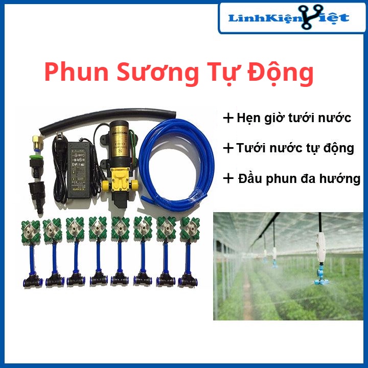 Bộ phun sương tưới cây tự động có hẹn giờ phun sương tưới nước lan, cây cảnh, rau 4 hướng