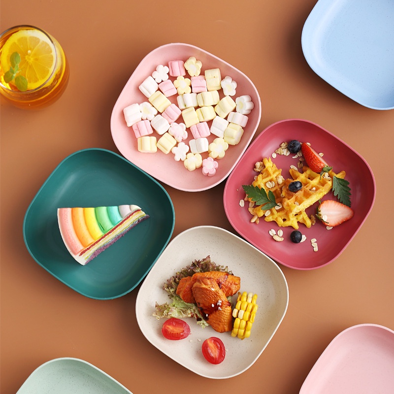 Set 8 khay đĩa vuông đựng thức ăn màu Pastel gồm 2 cỡ chất liệu nhựa lúa mạch