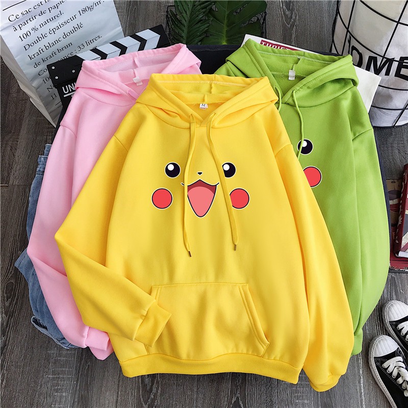 Áo Khoác Thể Thao Có Mũ Trùm Bằng Cotton Dày In Hình Pikachu Dễ Thương Cho Cặp Đôi