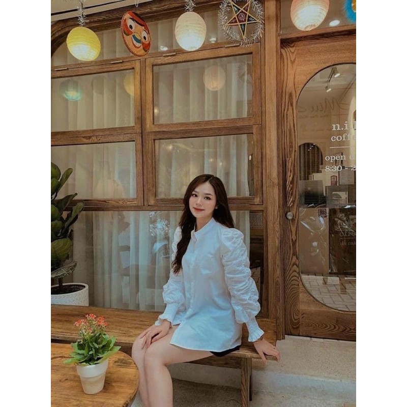 [Mã WASKT304 giảm 15% tối đa 30K đơn 99K] Áo sơ mi cổ tàu tay nhún☘️Áo sơ mi trắng tay dài nữ☘️{freeship} | BigBuy360 - bigbuy360.vn