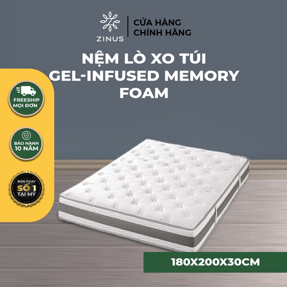 [Mã LIFEZI99 giảm 8% tối đa 50K đơn 99K] Nệm Lò Xo Túi Hút Chân Không Cao Cấp Gel Mát Zinus 180x200x30cm