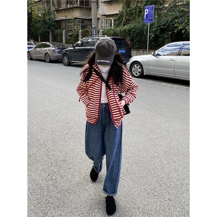 Áo hoodie ZHELIHANGFEI tay dài dáng rộng họa tiết kẻ sọc dễ phối đồ